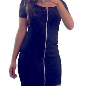 ZARA Black Zipper Front Short Mini Dress Short Sleeve Women's size Small